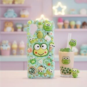 Cute Frog Decoden Phone Case with Mint Green Accents Handmade